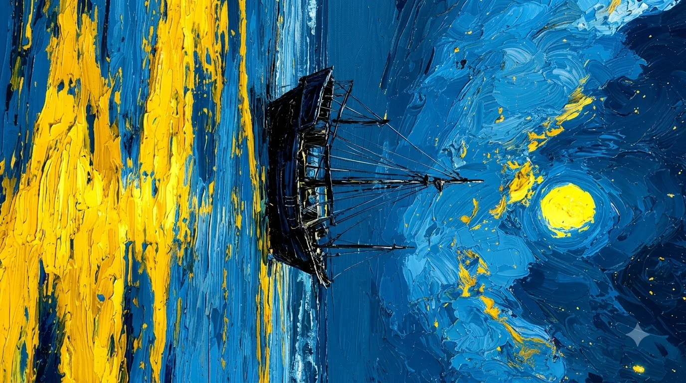 Moonlit Sailing Ship Painting Wallpaper 4K (Blue & Gold Artistic Ocean Background) wallpaper — 1376×768