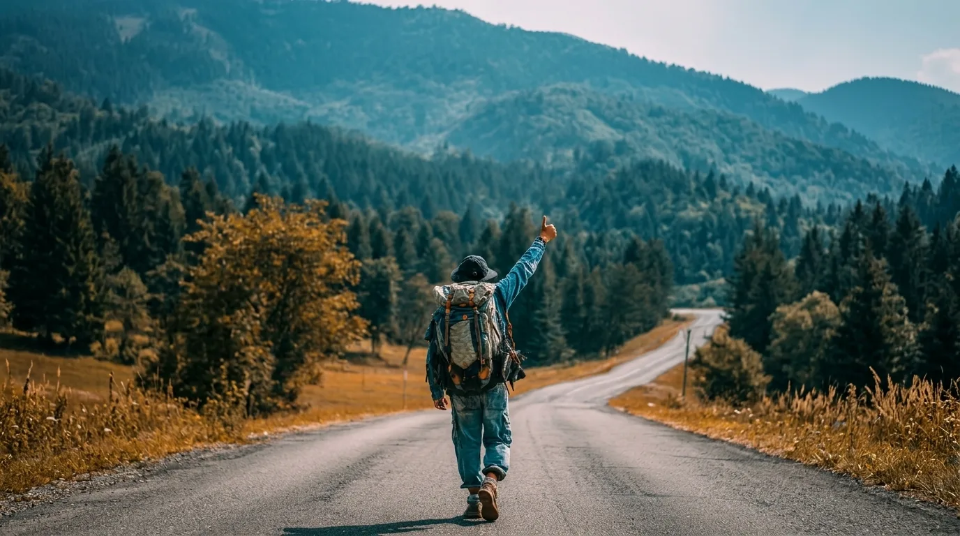 Lone Traveler Mountain Road 4K Wallpaper wallpaper — 1376×768