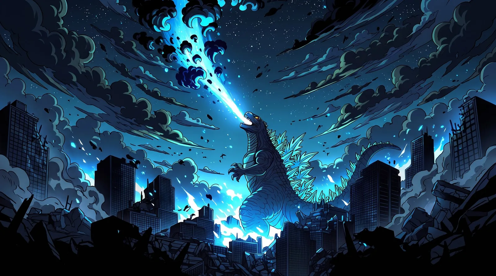 Godzilla Atomic Breath City Battle 4K Wallpaper wallpaper — 2560×1429