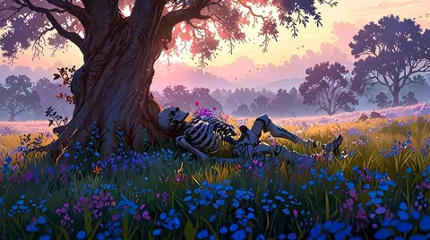 Peaceful Skeleton Under Tree 4K Wallpaper (Fantasy Nature Ultra HD Desktop Background)