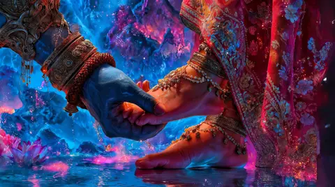 Lord Krishna Holding Radha's Feet 4K PC Wallpaper