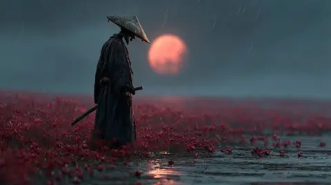 Samurai in Crimson Rain 4K Wallpaper