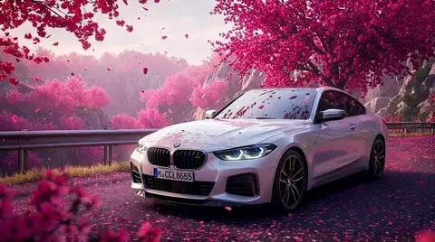White BMW M440i Coupe Cherry Blossom 4K Wallpaper