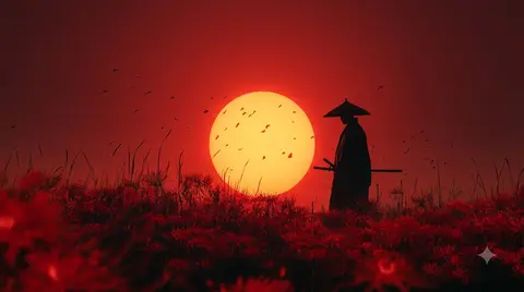 Samurai Sunset Wallpaper 4K (Red Spider Lily Field Japanese Aesthetic Background)