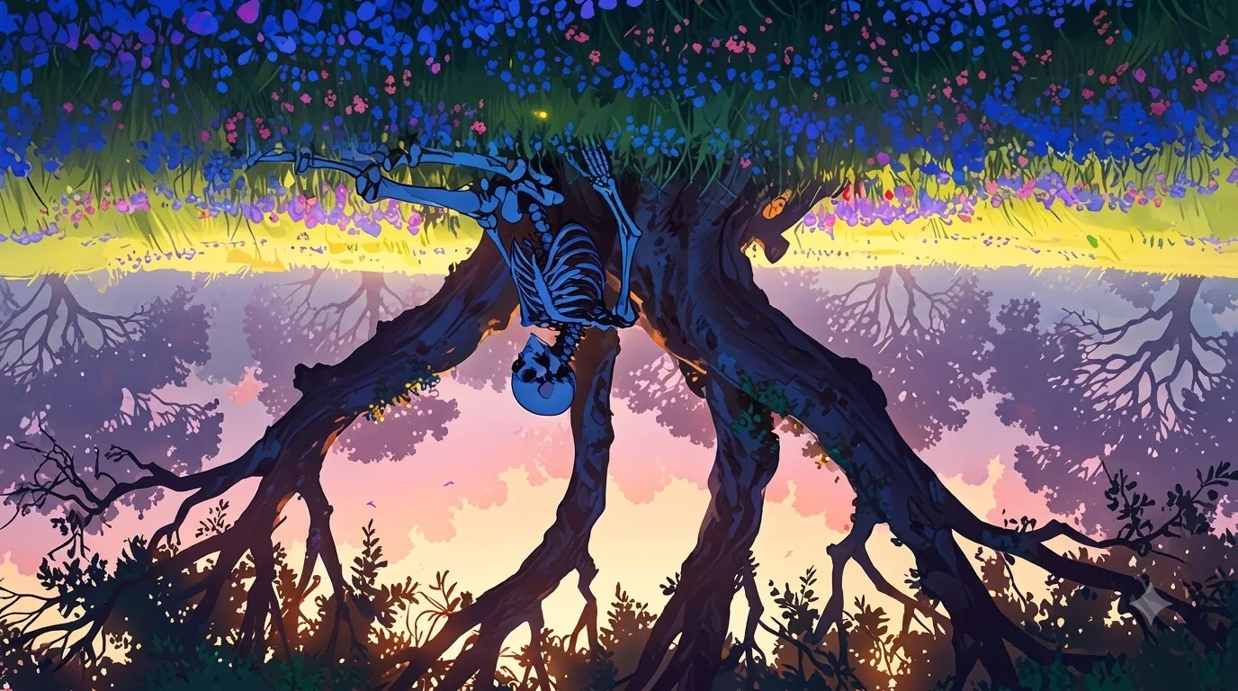 Skeleton Hanging from Tree Wallpaper 4K (Dark Fantasy Nature Art Background) wallpaper — 1376×768