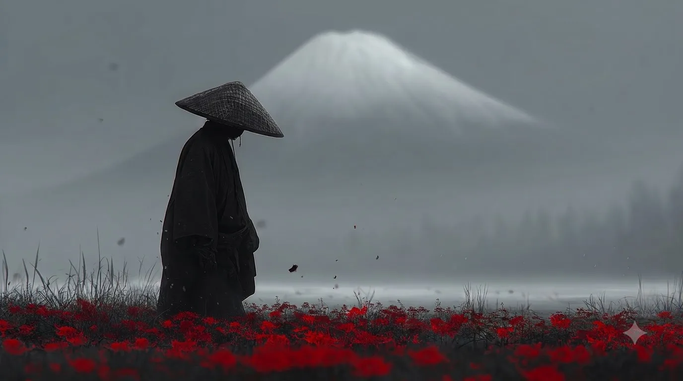 Samurai in Red Spider Lily Field Wallpaper 4K (Minimal Japanese Aesthetic Background) wallpaper — 1376×768