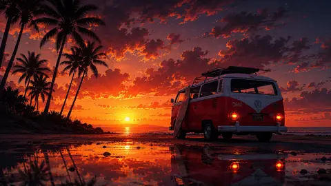 Vintage Camper Van Sunset Wallpaper 4K (Tropical Beach Road Trip Aesthetic Background)