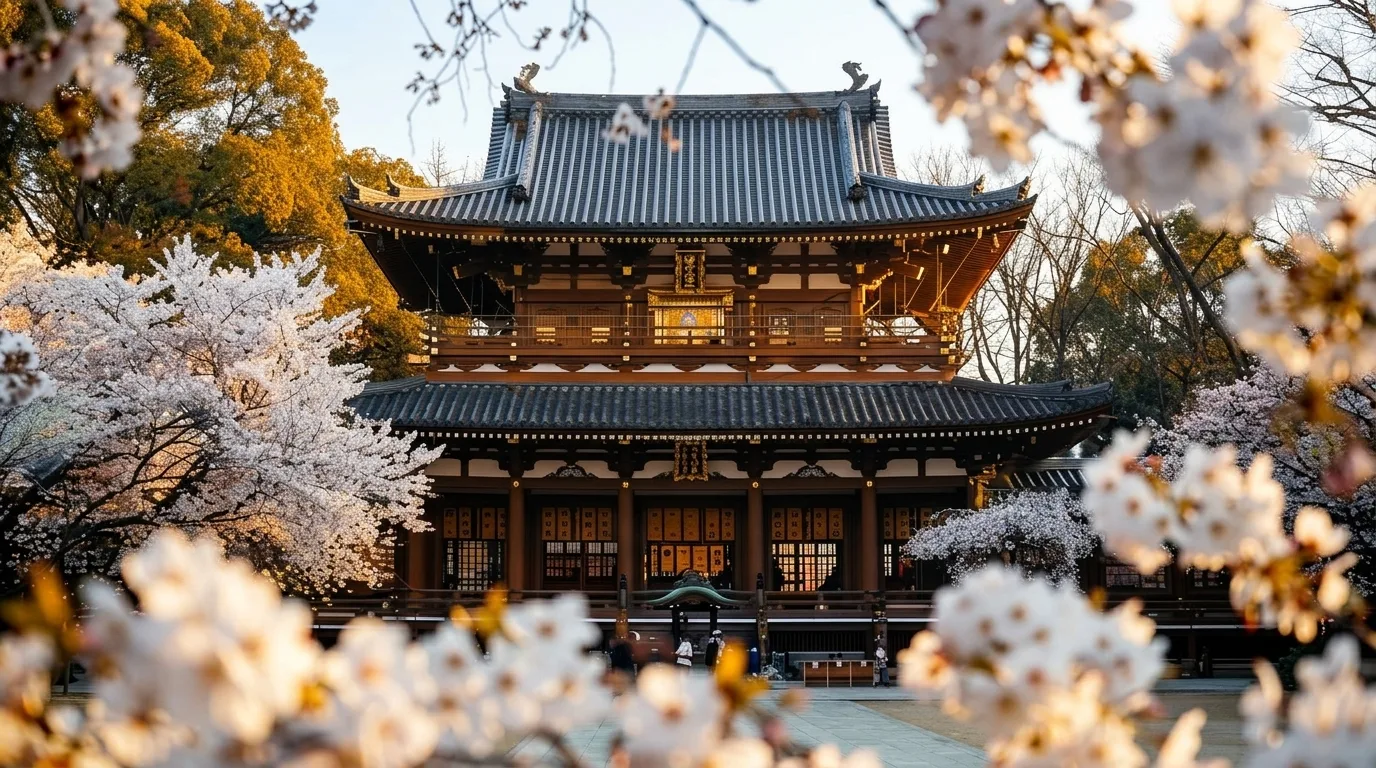 Japanese Temple with Cherry Blossoms 4K Wallpaper wallpaper — 1376×768