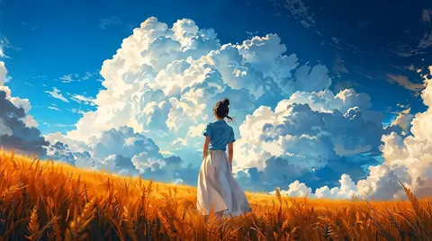 Girl Watching Giant Clouds Anime 4K Wallpaper