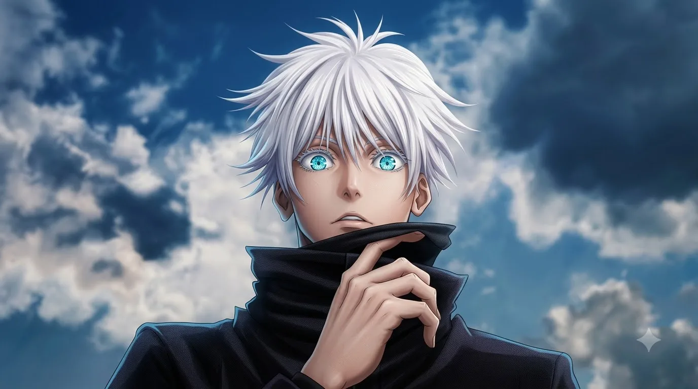Gojo Satoru Sky Wallpaper 4K (Blue Eyes Jujutsu Kaisen Background) wallpaper — 1376×768