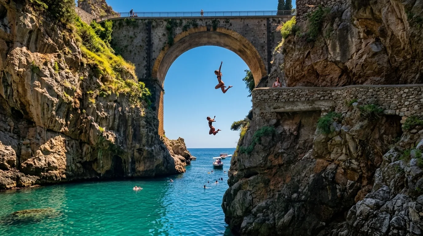 Cliff Jumping Coastal Bridge 4K Wallpaper wallpaper — 1376×768
