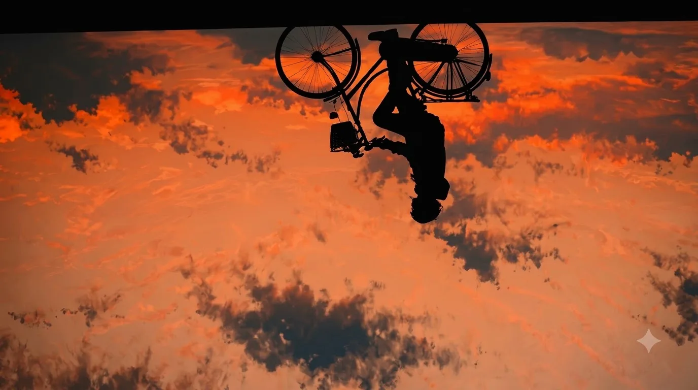 Upside Down Cyclist Sunset Wallpaper 4K (Surreal Reflection Aesthetic Background) wallpaper — 1376×768