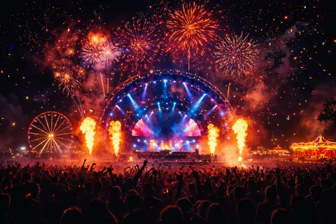 Festival Night Fireworks Stage Wallpaper 4K